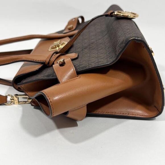 MK Michael Kors Carmen Small Logo and Leather Belted Satchel Handbag Brown - Picture 4 of 11